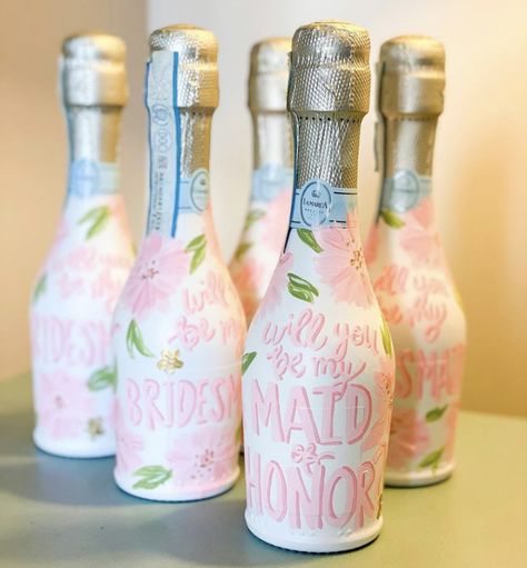 Champagne Bottle Bridesmaid Proposal, Champagne Bridesmaid Proposal, Bridesmaid Proposal Champagne, Painted Champagne Bottle Bridesmaid, Bridesmaid Champagne Bottle, Painted Champagne Bottle Engagement, Painted Champagne Bottle Wedding, Painted Bottles, Bridesmaid Proposal Ideas