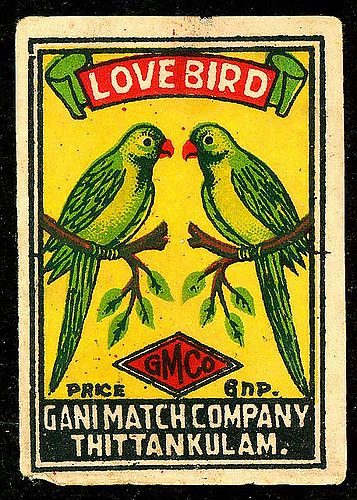 Match Box Label, Love Bird | Gani Match Co. Circa 1950s | Flickr Matchbook Art, Matchbox Art, Match Box, Love Bird, Vintage Packaging, Truck Art, Vintage Graphic Design, Oldies But Goodies, Vintage Labels