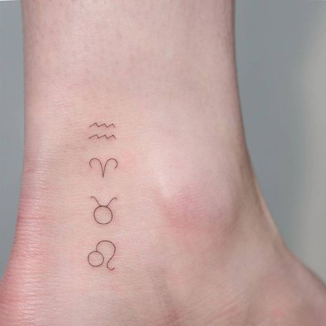 Aquarius, Aries, Taurus and Leo Zodiac symbols. Ankle Tattoo Men, Leo Constellation Tattoo, Aquarius Aries, Astrology Tattoo, Horoscope Tattoos, Aquarius Tattoo, Taurus Tattoos, Aries Tattoo, Leo Tattoos