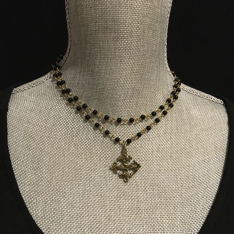 "❤️❤️❤️ On Sale 20% off and Free Shipping ❤️❤️❤️ Layered rosary chain necklace with bronze gothic cross pendant. Closes with a lobster claw clasp and 2\" extender chain. Made to order - single choker is 16\" or double choker has 16\" and 17\" strands. Other sizes available - please message me. You may order from several chain colors - cream, black, turquoise, sapphire blue, turquoise, sage green The pendant is an ornate Fleur de Lis cross. It is double sided and measures 30x28mm. Super dainty an Chain Layered Necklace, Rosary Chain Necklace, Pearl Lariat Necklace, Gold Rosary, Cross Choker, Gothic Cross, Silk Jewelry, Gothic Crosses, Layered Chokers