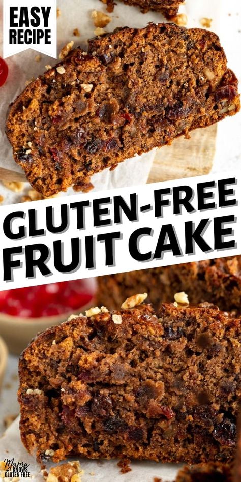 An easy recipe for gluten-free fruit cake packed with candied fruit, chopped nuts, and warm spices. This gluten-free Christmas cake is moist most, dense, and a holiday favorite. Mama Knows Gluten Free, Gluten Free Christmas Cake, Gluten Free Fruit Cake, Gluten Free Christmas Recipes, Gluten Free Christmas Cookies, Gluten Free Cake Recipe, Gluten Free Gingerbread, Easy Gluten Free Desserts, Gluten Free Banana Bread