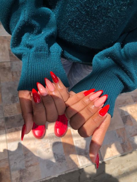 Summer Red French Nails, Hot Red Acrylic Nails, Red Dope Nails, Red Design Nails Almond, Apple Red Nails Acrylic, Red And Silver Almond Nails, Red Vegas Nails, Cute Simple Red Nails, Red October Nails