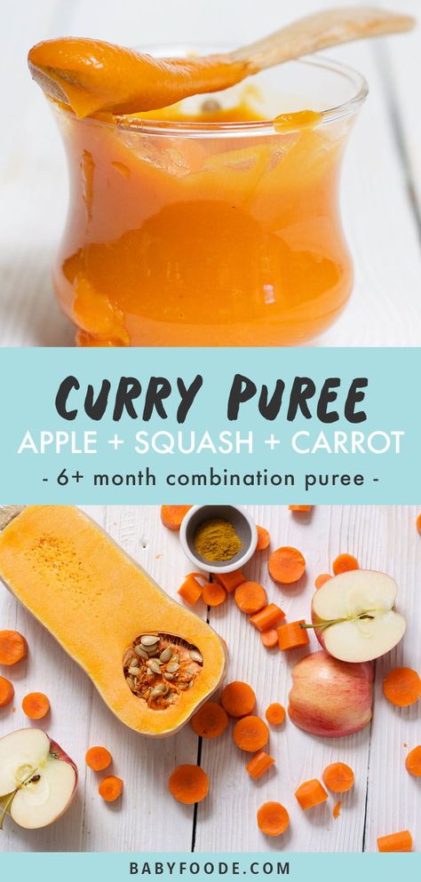 This apple and squash puree is seasoned with curry to tempt baby's tastebuds! This stage two combination recipe is the perfect fall puree for babies 6 months and older, and a great freezer stash for lunch and dinner. #babyfood #babyfoodrecipes #stage2 #combinationpuree Carrot Baby Food, Butternut Squash Baby Food, Homemade Baby Puffs, Baby Food Recipes Stage 1, Carrot Baby, Baby Food Puree, Baby Carrot Recipes, Carrot Curry, Baby Dinner