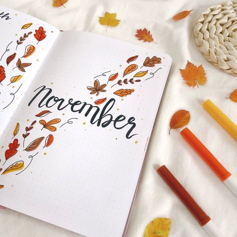 November Bujo Cover, Winter Bujo, November Cover Page, November Bujo, Bujo Spreads, Bullet Journal Month, Bullet Journal Cover Ideas, Hello November, Bulletin Journal Ideas