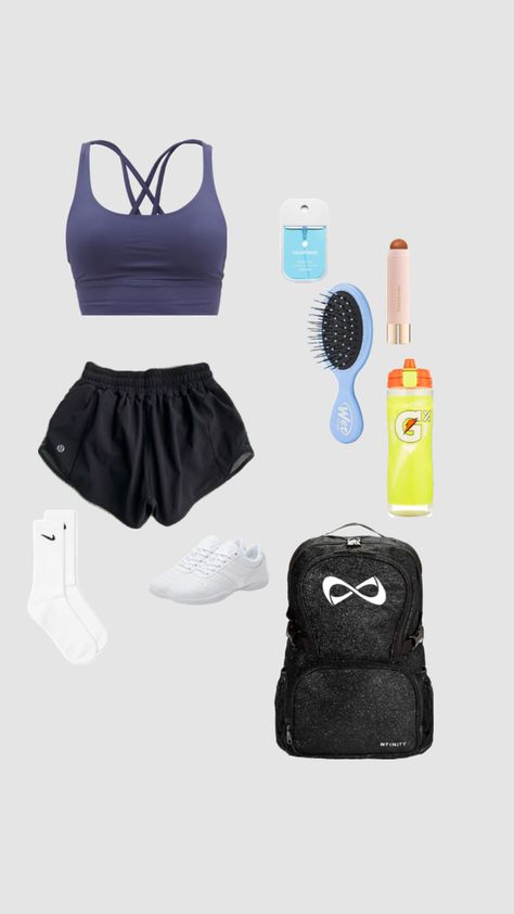 #myfirstshuffle #cheer #cheeroutfit #outfitinspo Cute Outfits To Wear To Cheer Practice, Cute Cheer Outfits For Practice, Cheer Fits Practice, Cheer Warm Ups Outfits, Cute Cheerleader Outfits For Practice, Cheer Fits, Cheer Practice Outfits, Cheer Aesthetic, Soccer Bag