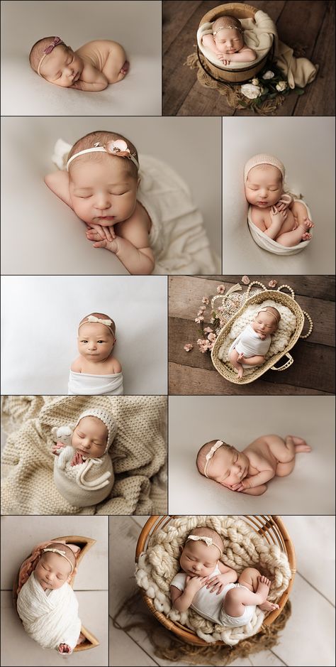 Baby girl newborn pictures, featuring neutral tones and textures and boho flair.  Colors included cream, white, tan, brown, and pink. In use: papasan chair, basket, and bucket. Newborn Photography Easter, Newborn Photoshoot Diy At Home, White Background Newborn Photography, Neutral Color Newborn Photography, Newborn Neutral Photography, New Born Girl Baby Shoot, Gender Neutral Newborn Photography, Boho Newborn Photos, Newborn Baby Girl Photoshoots