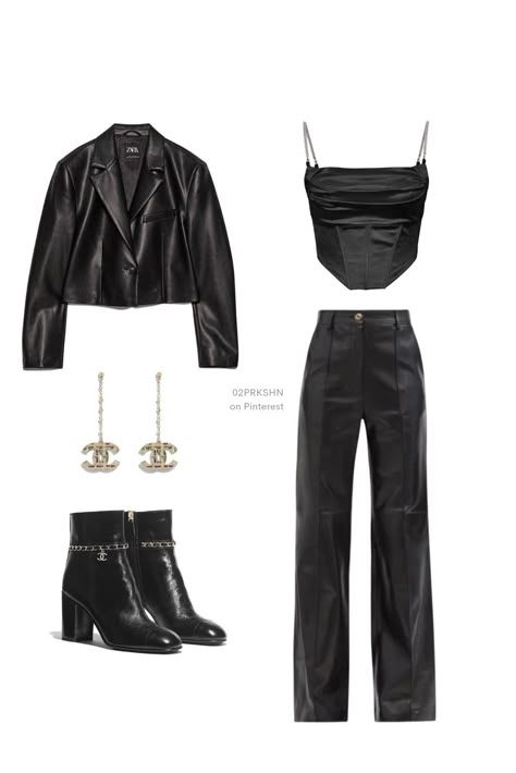 black leather jacket
black leather corset top
Chanel boots 
black leather pants
Chanel necklace
all black outfit
leather outfit Mafia Looks Women, Mafia Girls Aesthetic Outfit, Mafia Women Outfits, Estilo Vamp, Mafia Girl Outfits, Mafia Outfits Female, Classy Goth Outfits, All Black Leather Outfit, Black Leather Outfit