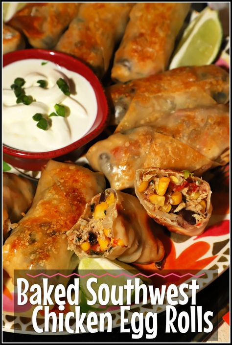 These crunchy eggrolls are a copycat version of Chili's popular appetizer. This recipe is baked instead of fried and filled with flavorful southwest ingredients you are going to love! Copycat Chilis Southwest Egg Rolls, Copycat Southwest Eggrolls Chilis, Baked Southwest Eggrolls, Easy Southwest Egg Rolls, Eggroll Recipe Chicken, Baked Eggroll Recipes, Football Munchies, Southwest Eggrolls, Southwest Egg Rolls