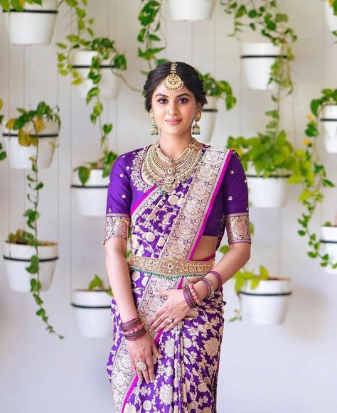 ShaadiWish on Instagram: “A South Indian bride dripping every bit of regal-ness. Image - @studioa_weddings MUA - @afsharangila_makeupartist For more such South…” Purple Kanchipuram Saree, Kohl Kajal, Bridal Sarees South Indian, New Saree Blouse Designs, Wedding Saree Blouse Designs, Sari Blouse Designs, Blouse Designs Indian, Silk Saree Blouse Designs, Half Saree Designs