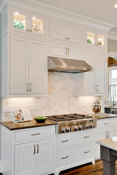 Photos | M.A. Allen | HGTV Kitchen Cabinets And Backsplash, Shaker Style Kitchen Cabinets, Stove Hood, Marble Backsplash Kitchen, White Shaker Kitchen Cabinets, Kitchen Cabinets Pictures, Update Kitchen Cabinets, Kitchen Cabinet Trends, White Shaker Kitchen