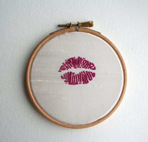 .. Lipstick Mark, Embroidery Workshop, Wooden Embroidery, Lipstick Kiss, Pink Thread, Wooden Embroidery Hoops, Raw Silk Fabric, Shocking Pink, Valentine Ideas