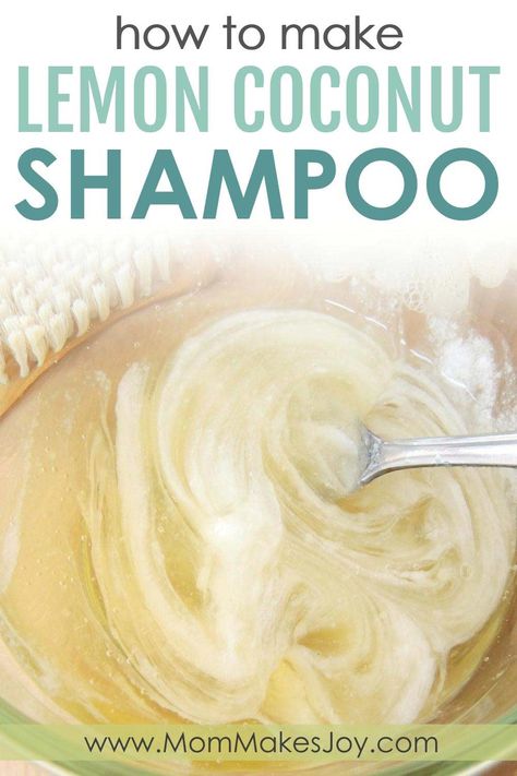 Learn to make your own organic lemon coconut shampoo! Inexpensive and great for your hair, this lemon coconut shampoo will be your new favorite. | DIY Bath and Body | Organic shampoo | SLS Free SLES Free No Parabens | Mom Makes Joy How To Make Shampoo, Diy Shampoo Recipe, Diy Shampoo Bar, Homemade Natural Shampoo, Shampoo Bar Recipe, Easy Soap Recipes, Baking Soda For Hair, Natural Shampoo And Conditioner, Conditioner Recipe