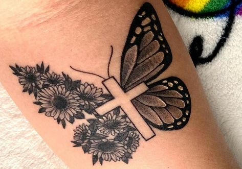 Cross Butterfly Tattoo For Women, Hope Butterfly Tattoo, Butterfly Tattoo With Scripture, Tattoo Ideas Female Sleeve Butterflies, Cross With Butterflies Tattoo, Cross And Butterfly Tattoo For Women, Butterfly Mom Tattoo, Cross Tattoo With Butterflies, Butterfly With Cross Tattoo