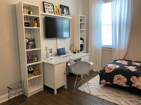 #ikea #billybookcase #hemnes #amazon #peelandstick #diyhomedecor Ikea Hemnes Desk, Hemnes Desk, Brimnes Wardrobe, Tv Bedroom, Alex Desk, Camera Studio, Desk Tv, Teen Desk, House Basement