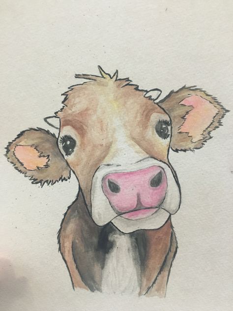 Cow Tutorial Drawing, Easy Painting Animals, Animals Mixed Together Drawings, Mini Cow Drawing, Drawing Ideas Easy Cow, Watercolor Art Animals Easy, Cows To Draw, Cow Drawing Sketch, Cow Drawing Reference