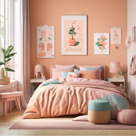 bedroom decor with salmon pink walls and pastel colours perfect for a teenager Peach Bedroom Ideas, Bedroom Peach, Peach Curtains, Peach Bedroom, Front Porch Inspiration, Time Warp, Latest Colour, Furniture Layout, Decorating Blogs