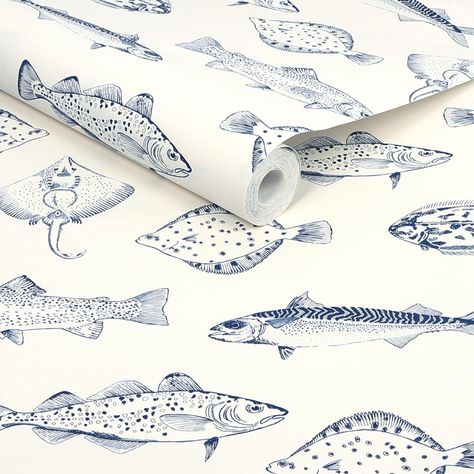 Fish Sketches, Fish Sketch, Fabric Fish, Blue Color Palette, Bold Artwork, Fish Wallpaper, Graham & Brown, Blue Colour Palette, Bathroom Wallpaper