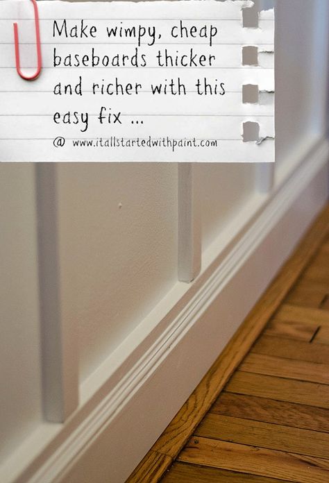 How To Make Baseboards Chunkier - Easy Fix - An easy fix to make wimpy, builder grade baseboards look thicker and chunkier. No crow bars needed ... [media_id:24… Painting A Sink, Baseboard Moulding, Builder Grade, Board And Batten, Leaded Glass, Diy Home Improvement, Baseboards, Home Repair, Rustic Diy