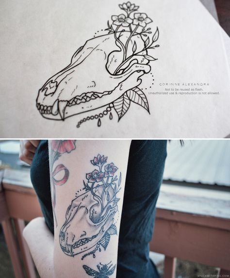 Fox skull tattoo for Amanda (by Corinne Alexandra) Check out more on my blog! http://blog.stuckwithpins.com/2013/09/my-work-inked-fox-skull.html Fox Skull Tattoo Design, Coyote Skull Drawing, Coyote Skull Tattoo, Fox Skull Tattoo, Animal Skull Tattoo, Coyote Skull, Fox Skull, Western Tattoos, Animal Skull