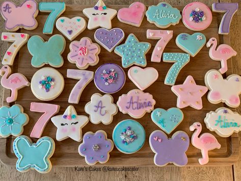 Teal, purple, pink and white Birthday Decorated Cookies, Girly Birthday, Teal And Pink, Decorated Cookies, 7th Birthday, Birthday Girl, Purple Black, Cookie Decorating, Pink And White