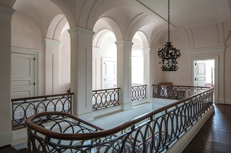 Old Mansion Aesthetic, 1920s Mansion, 1920s Living Room, Sunken Patio, Mansion Aesthetic, Mansion Exterior, Iron Staircase, Antebellum Homes, Old Mansion