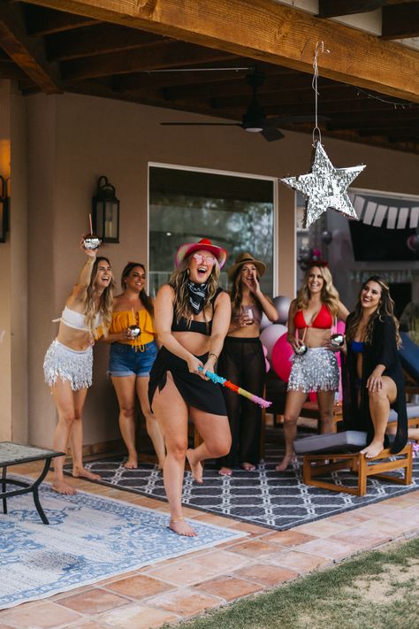 Disco Scottsdale Bachelorette Party Disco Cowgirl Pool Party, Bachelorette Party Pinata, Disco Pool Party Ideas, Western Pool Party, Cowboy Pool Party, Bachelorette Pinata, Cowgirl Beach Bachelorette Party, Desert Disco Outfit, Bachelorette Party Themes Disco Cowgirl