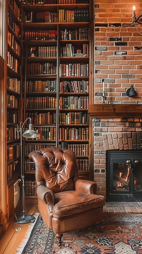 Download 'Cozy Reading Nook' - An inviting leather armchair sits by a warm fireplace in a home library with rich wood tones. - Get this free stock photo and more high-quality images on StockCake. No attribution required. Leather Chair Fireplace, Home Library Fireplace, Home Library With Fireplace, Moody Library, Library With Fireplace, Library Fireplace, Academia Room, Home Library Rooms, Rich Decor