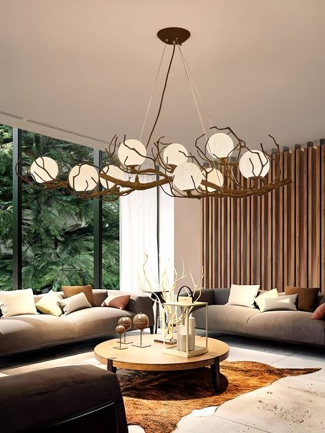 Tree Branch Chandelier Dining Room, Minimalist Chandeliers, Wood Fixtures, Wood Lighting Fixtures, Tree Branch Light, Dinning Room Light Fixture, Extra Long Dining Table, Moon Chandelier, Tree Branch Chandelier