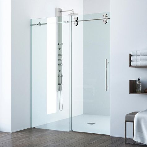 VIGO Elan 48 to 52 in. x 74 in. Frameless Sliding Shower Door in Stainless Steel with Clear Glass and Handle-VG6041STCL5274 - The Home Depot Steel Shower Door, Chrome Shower Door, Bypass Shower Door, Shower Sliding Glass Door, Vertical Doors, Frameless Sliding Shower Doors, Modern Bathroom Remodel, Frameless Shower Door, Tub Doors