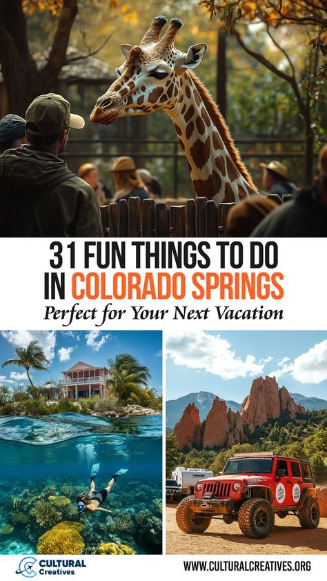 A giraffe interacting with visitors, a vibrant underwater snorkeling scene, and a red Jeep parked near towering red rock formations, highlighting 31 fun things to do in Colorado Springs: perfect for your next vacation. Colorado Weekend Trips, Colorado Springs Itinerary, Colorado Springs With Kids, Colorado Springs Things To Do, Colorado Springs Summer, Hot Springs In Colorado, Colorado Vacations, Things To Do In Colorado, Travel Colorado