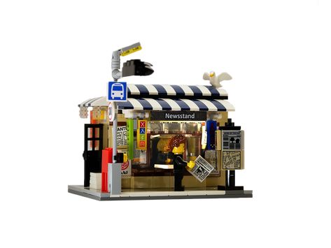 Lego Market Stall, Lego Zoo, Lego Street, Lego Village, Newspaper Stand, City Ideas, Lego Display, Lego Modular, Lego Trains