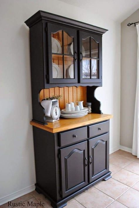 How To Style A Hutch, Buffet And Hutch, Oak Buffet, Black Painted Furniture, Home Bar Cabinet, Hutch Makeover, Home Coffee Bar, Coffee Bar Home, Diy Kitchen Storage