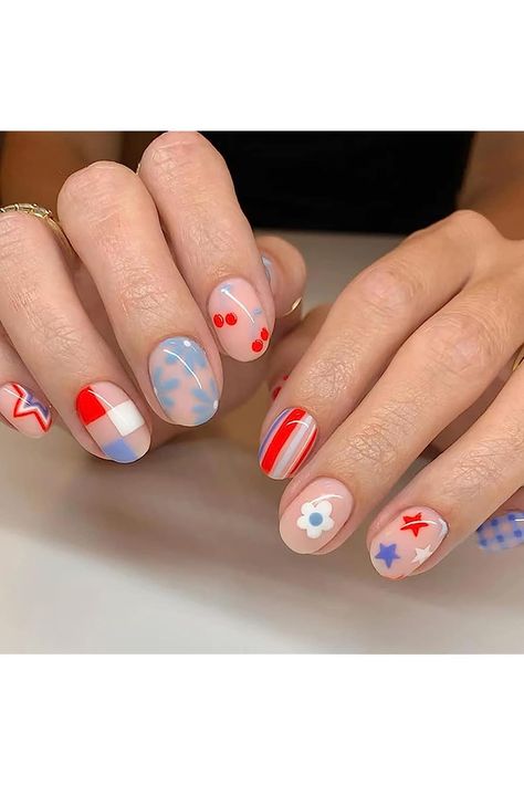 Short Almond Press On Nails, Coffin Shape Full Cover Reusable Flower False Nails, Stick On Nails with Colorful Line Designs, Artificial Fingernails Acrylic Stars Fake Nails for Women, Glue On Nails Red White And Blue Cherry Nails, Cute Fourth Of July Nails, Fourth Of July Nails Designs, 4th Of July Nails Design, Forth Of July Nails, July 4th Nails, Red White And Blue Nails, Red White Blue Nails, Nails Coffin Shape