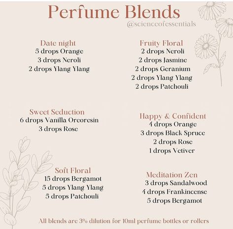 Essential Oil Blends For Perfume, Essential Oil Perfume Recipes, Natural Perfume Recipes, Diy Perfumes, Perfume Oil Recipes, Diy Perfume Recipes, Essential Oil Fragrance Blends, Essential Oil Perfume Blends, Perfume Blends