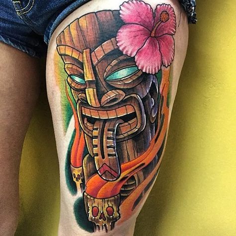 Tiki Head by @cleenrockone at @goldenskulltattoo in Las Vegas Nevada. #flower #tiki #tikihead #cleenrockone #goldenskulltattoo #lasvegas #vegas #nevada #tattoo #tattoos #tattoosnob Tropical Tattoo, Tiki Tattoo, Vegas Tattoo, Tiki Head, One Tattoo, Tiki Art, Tattoo People, Hawaiian Tattoo, Warrior Tattoo