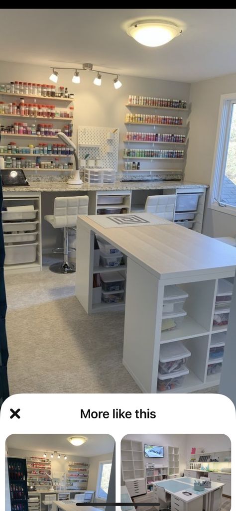 Shared Hobby Room, Crafters Desk Ideas, Craft Room With Table In The Middle, Garage Turned Craft Room, Craft Room Office Desks, Home Office Craft Room Combo Small Spaces, Craft Room Remodel Ideas, Garage Makeover To Craft Room, Home Office And Craft Room Design