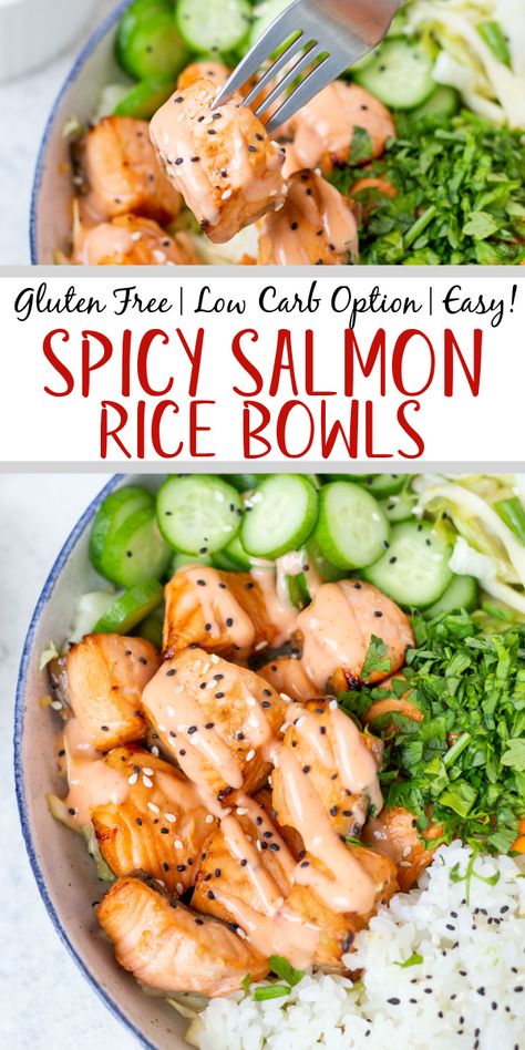 Spicy Salmon Bowl - Whole Kitchen Sink Spicy Salmon Bowl, Bowls Recipes, Dairy Free Recipes Dinner, Salmon Rice, Healthy Bowls Recipes, Salmon Bowl, Spicy Salmon, Salmon And Rice, Healthy Bowls