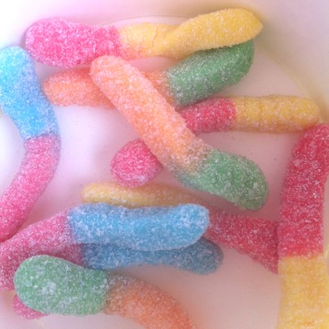 Yummy gummys! Gummy Worms Aesthetic, Worms Aesthetic, Sour Gummy Worms, Gummy Worms, Peach Rings, Gummy Candy, Summer 2024, Favorite Things, Candy