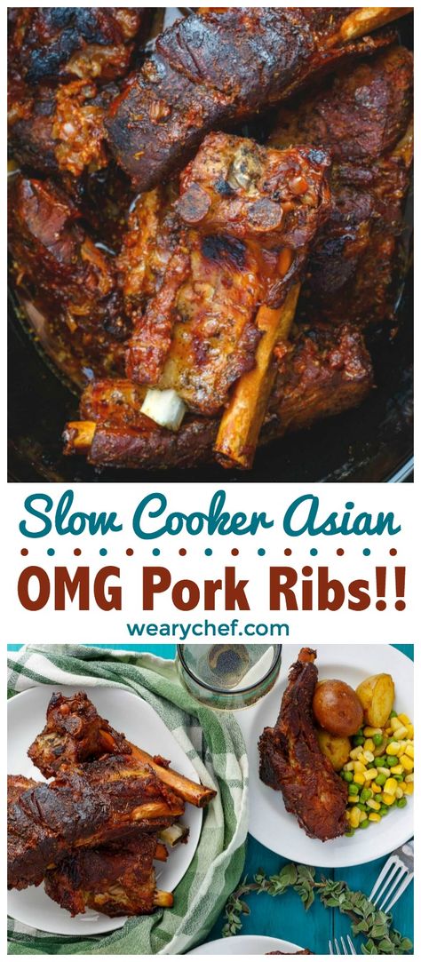 Quick, simple, and great during any season, these slow cooker Asian ribs melt right off the bone! Easy to make gluten free, and perfect for busy nights. Pork Ribs Slow Cooker, Slow Cooked Pork Ribs, Ribs Slow Cooker, Asian Ribs, Slow Cooker Pork Ribs, Crockpot Foods, Boneless Pork Ribs, Slow Cooker Asian, Country Style Pork Ribs