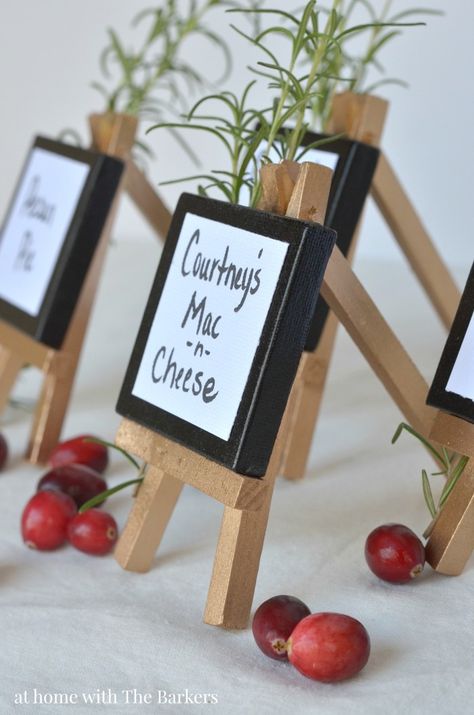 Buffet Table Mini Easel Signs - athomewiththebarkers.com Food Tags For Buffet, Holiday Party Food Display, Buffet Signage, Christmas Buffet Table, Party Food Signs, Party Buffet Table, Food Display Table, Buffet Signs, Wedding Buffet Food