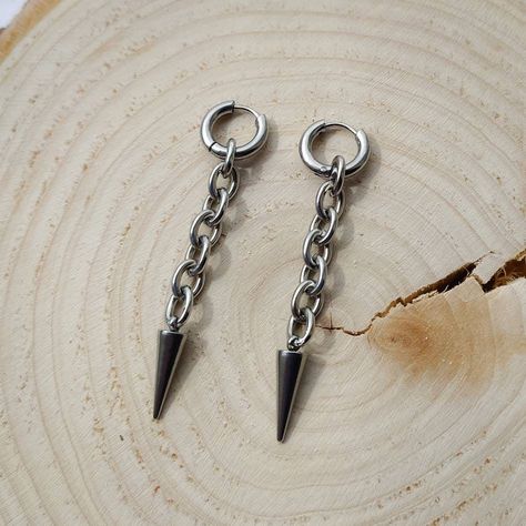 Punk earrings, spike earrings, gothic jewelry, grunge, chunky spike earrings, mens earring,  womens earrings, silver spikes, chunky chain -  #Chain #Chunky #Earring #Earrings #Gothic #Grunge #jewelry #Mens #Punk #Silver #Spike #spikes #Womens Techwear Jewelry, Mens Earring, Jewelry Grunge, Alchemy Tattoo, Earrings Mens, Earrings Gothic, Summer Tattoo, Womens Earrings, Punk Earrings