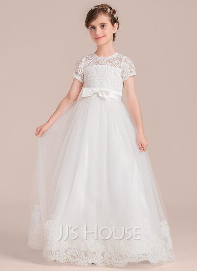 Ball Gown Floor-length Flower Girl Dress - Tulle/Charmeuse/Lace Short Sleeves Scoop Neck With Bow(s) (010136611) - JJ's House Flower Girl Dresses Floor Length, Summer Ball, Flower Gown, Sleeveless Flower Girl Dresses, Girls Ball Gown, Gown Princess, Girls Dresses Online, Ball Gowns Princess, Dresses Fall