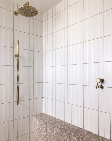 TileCloud’s Instagram photo: “@chanchancottage has just finished this amazing bathroom using our Riverton Matt White Subway Tile and Paddington Terracotta Terrazzo Look…” Terracotta Grout, Bathroom Grout Color, Matte White Subway Tile, Warm White Bathroom, Bathroom Grout, Blue Bathroom Tile, Subway Tiles Bathroom, Bohemian Bathroom, Bathroom Shower Design