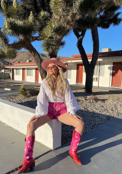 Red And Pink Cowboy Boots, Colourful Cowboy Boots Outfit, Red Cowgirl Boots Outfit Summer, Pink Western Boots Outfit, Pink Cowgirl Boots Outfit, Pink Cowboy Boots Outfit, Pink Boots Outfit, Performance Aesthetic, Red Cowboy Boots Outfit