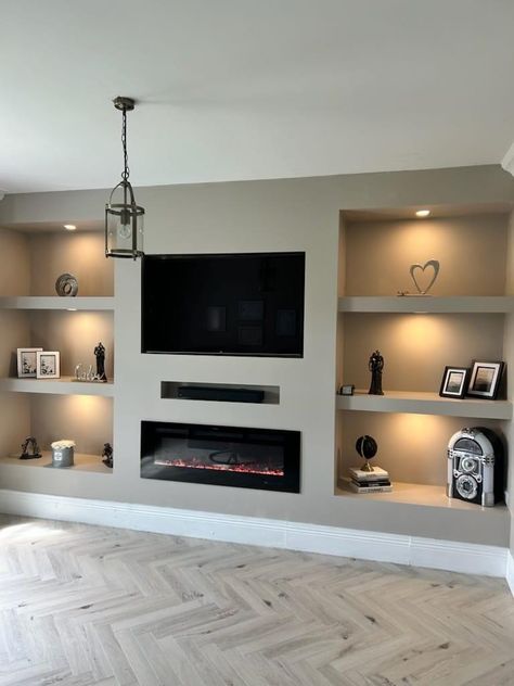 Asymmetrical Tv Built In, Living Room Feature Wall With Fireplace, Media Wall Ideas With Storage, Living Room Media Wall Ideas, Family Living Room Ideas, Media Wall Ideas, Lounge Interior Design, Television Wall, Gray Room