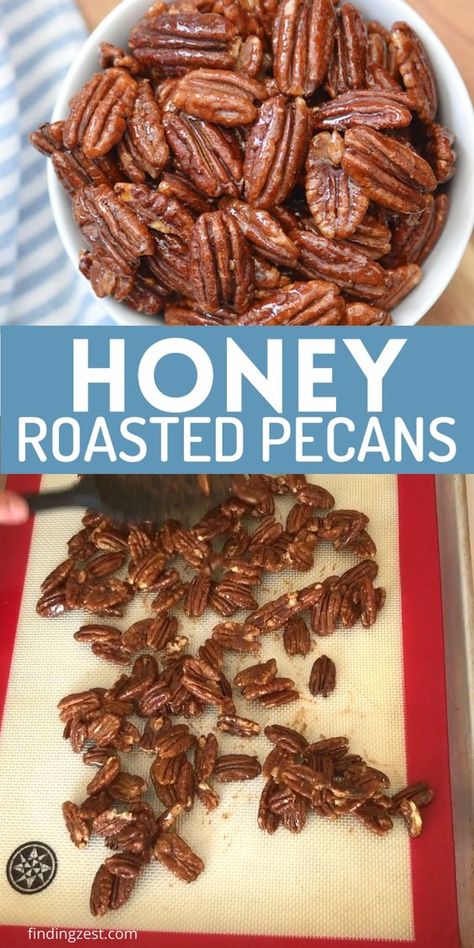 Make your own honey roasted pecans at home! Easy to bake in your oven, these simple but tasty honey roasted pecans are the perfect snack, a great addition to your charcuterie board, homemade gift or topping for your favorite salad!  Get step-by-step instructions in this delicious pecan recipe. Pecan Recipe, Honey Roasted Pecans, Baking Nuts, Snack Easy, Easy To Bake, Oven Baked Recipes, Homemade Food Gifts, Favorite Salad, Baking With Honey