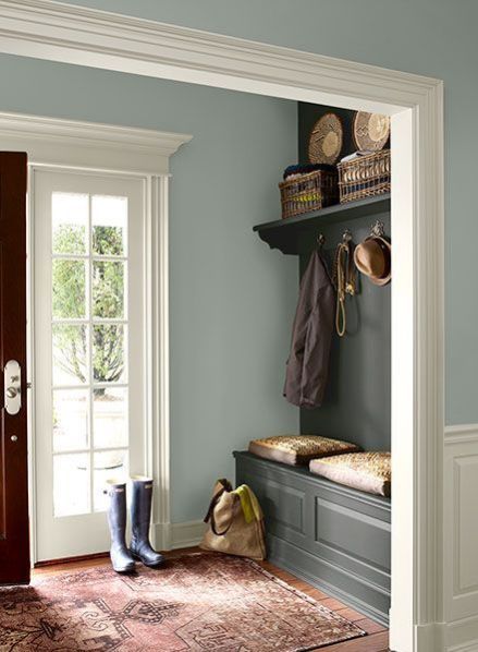 Wedgewood Gray Benjamin Moore Entryway Paint, Foyer Paint Colors, Foyer Paint, Most Popular Paint Colors, Hallway Paint, Green Painted Walls, Painted Benches, Popular Paint Colors, Perfect Paint Color