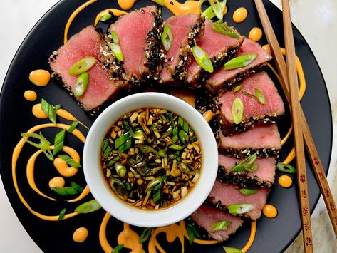 Ahi Tuna Dipping Sauce, Tuna Dipping Sauce, Ahi Tuna Appetizer, Sesame Tuna Steak Recipes, Dipping Sauce For Tuna Steak, Seared Ahi Tuna, Ahi Tuna Appetizer Recipes, Sesame Tuna Steak, Seared Ahi Tuna With Soy Ginger Sauce