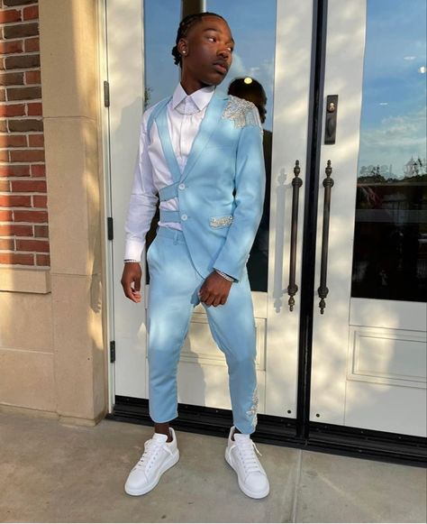 Light Blue Suit Men Prom, White And Blue Prom Suit, Half Suit For Men, White Prom Suits For Guys, Prom Suit Designs For Men, Prom Suit Ideas For Guys, Male Prom Suits, Light Blue Prom Suit, Prom Suits Black Men