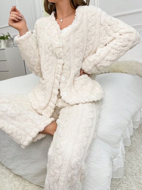 Solid Flannel Lounge SetI discovered amazing products on SHEIN.com, come check them out! Lounge Wear Set, Beige Vest, Cardigan Beige, Winter Pajamas, Pant Sets, Beige Cardigan, Floral Jacquard, Sleepwear Sets, Loungewear Set